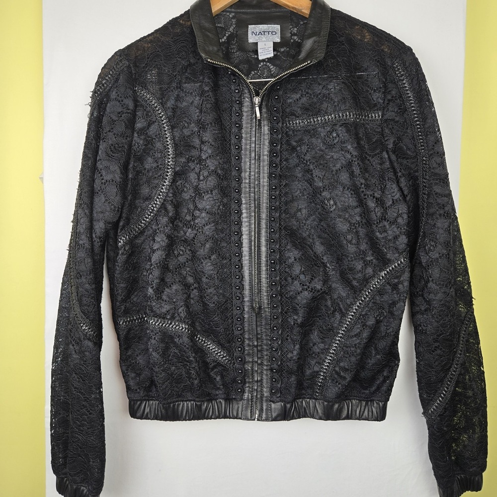 Natto Womens Leather Lace Zip Up Long Sleeve Jacket Black Size L( Fits Medium)